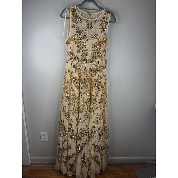 NWT Mac Duggal 10953 Jewel Neckline Embellished Maxi Dress Nude Gold Size 10 - Picture 4 of 9